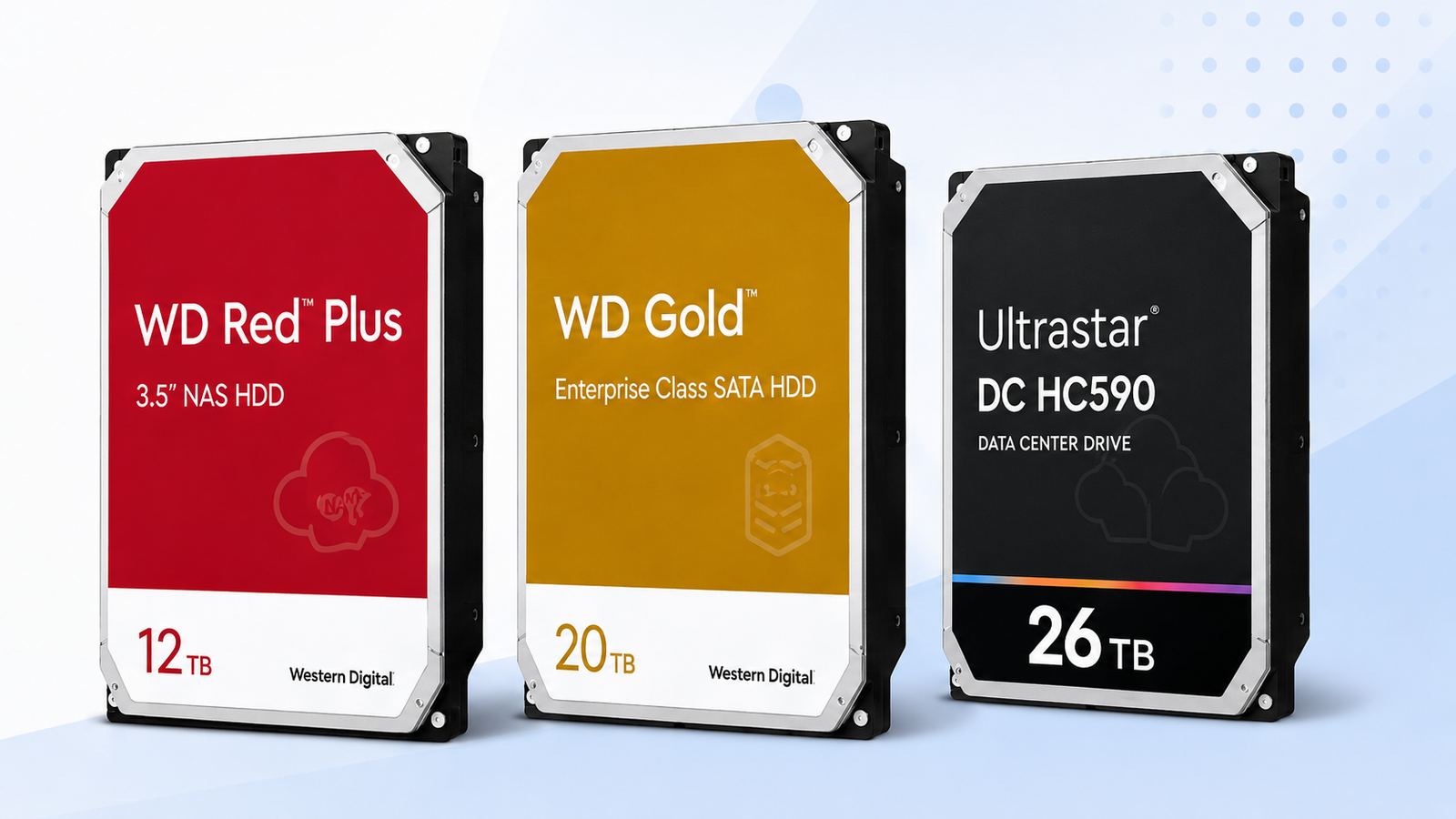 Western Digital hard drives including WD Red, WD Gold, Ultrastar and WD Purple Pro